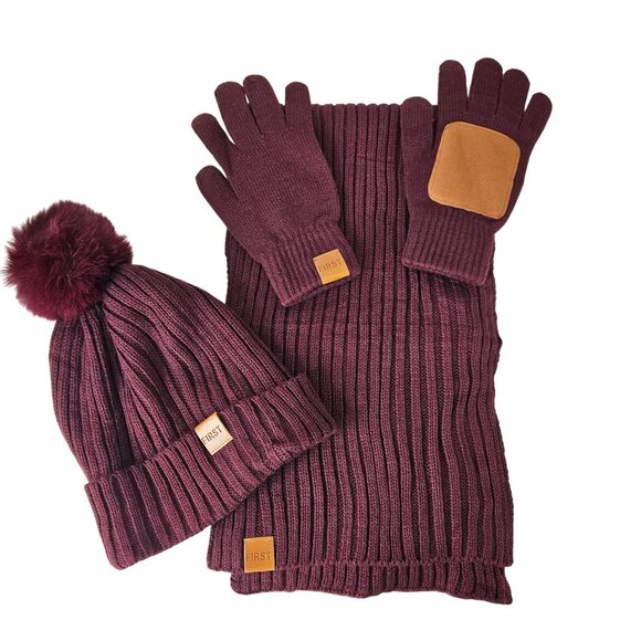 Womens Burgundy Winter Hat Scarf & Gloves Set With Pom Pom Winter Warm Stylish - Picture 2 of 7